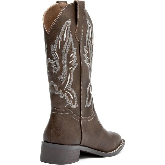 kkdom Cowboy Boots Women Dark Brown Square Toe Western Cowgirl Mid Calf Shoes - Picture 3 of 8